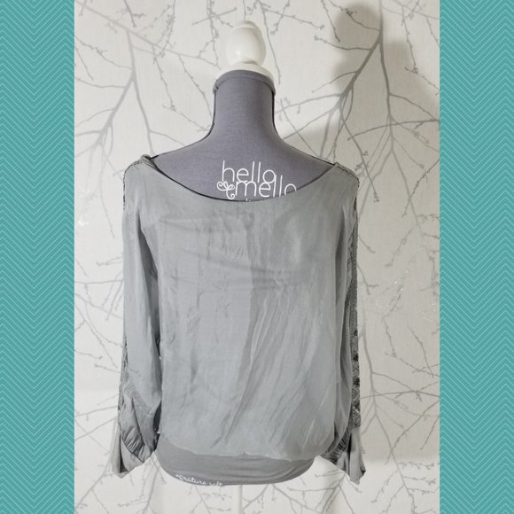 Keysha Gray Silk Overlay Boat Neck Blouson Top w/ Lace Detail - Picture 4 of 5